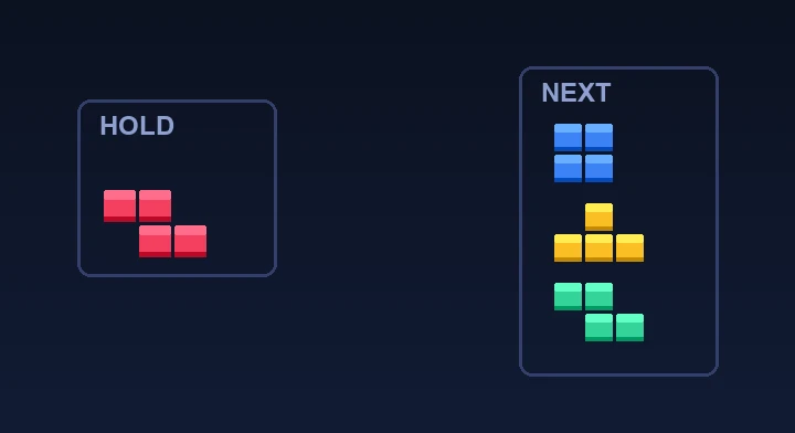 The hold box beside the well with the next-piece preview queue in Cheese Tetris