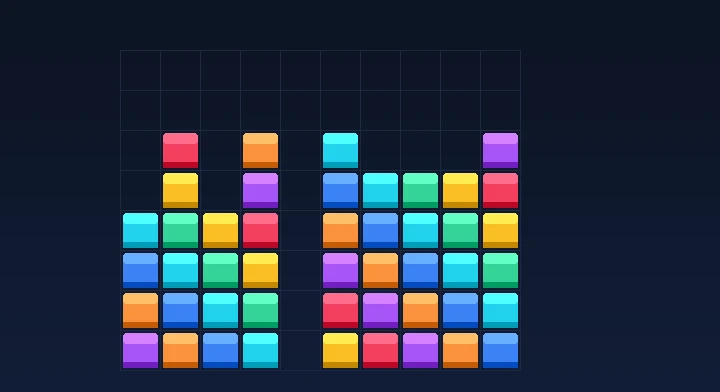 A low, flat, gap-free stack of locked tetrominoes across the well in Invisible Tetris