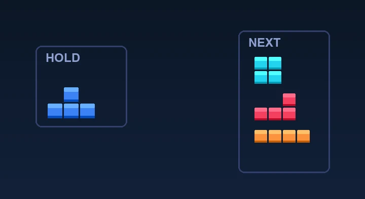 The hold box beside the well with the next-piece preview queue in Ultra (Time Attack)