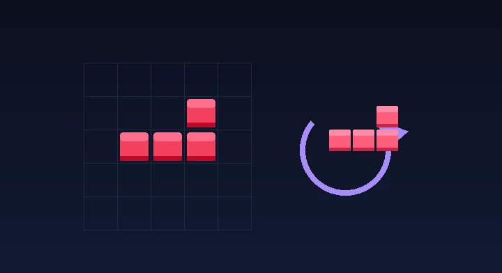 A T-tetromino rotating clockwise to slot into a gap in the stack in Zen Tetris
