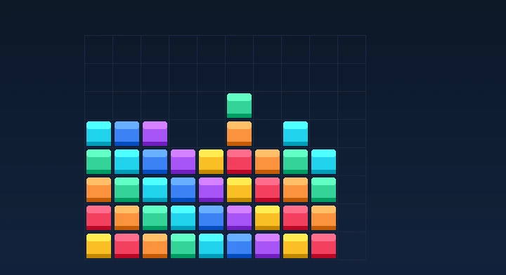 A low, flat, gap-free stack of locked tetrominoes across the well in Zen Tetris
